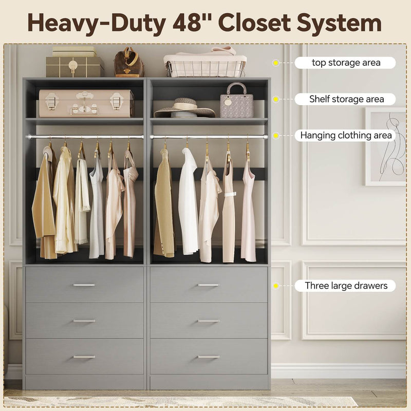 4FT Walk in Closet Organizer System with 4 Drawers and 2 Hanging Rods