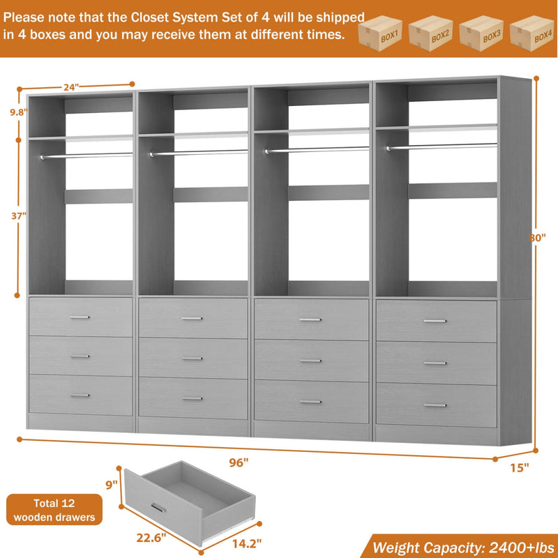 8FT Walk-in Closet System with 12 Drawers