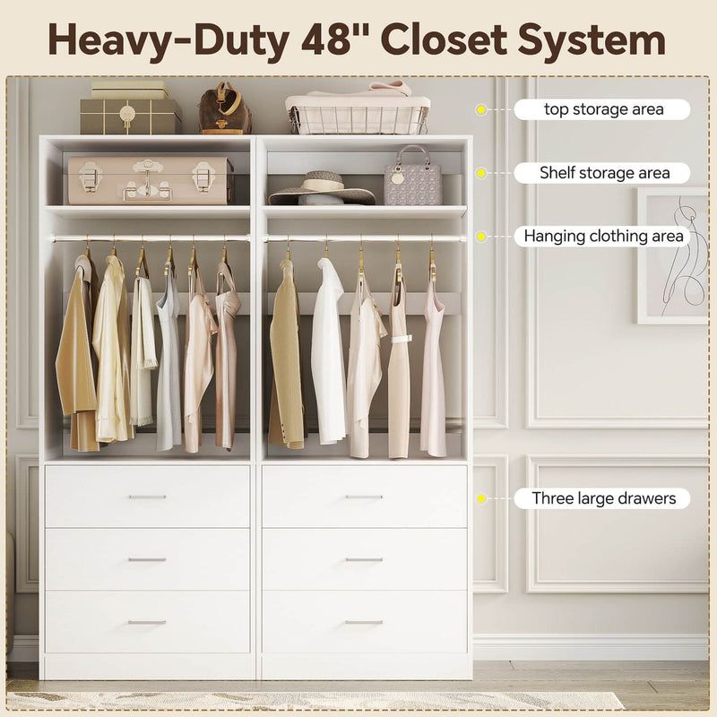 4FT Walk in Closet Organizer System with 4 Drawers and 2 Hanging Rods