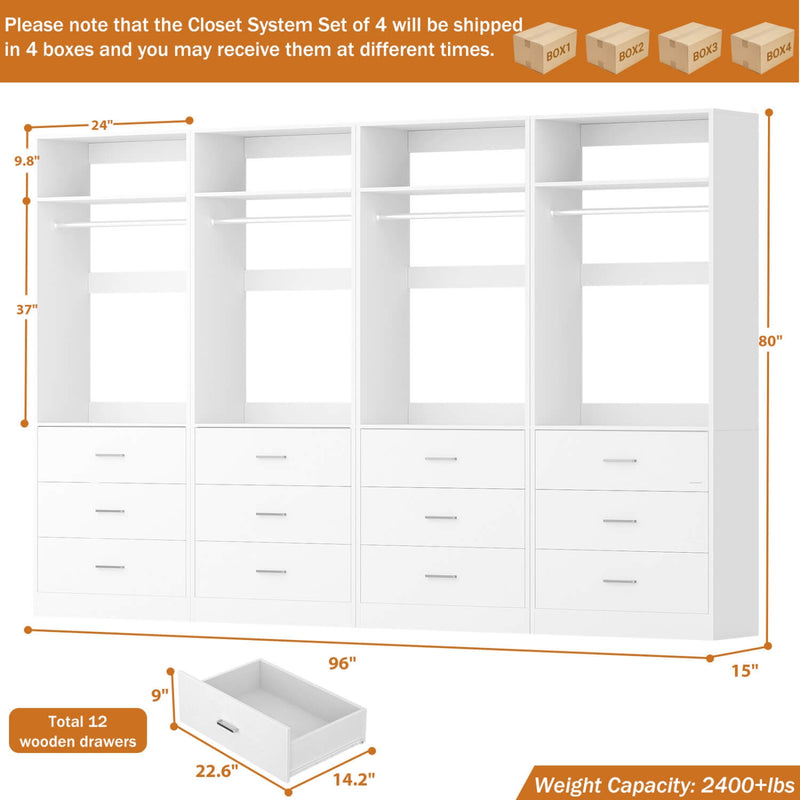 8FT Walk-in Closet System with 12 Drawers