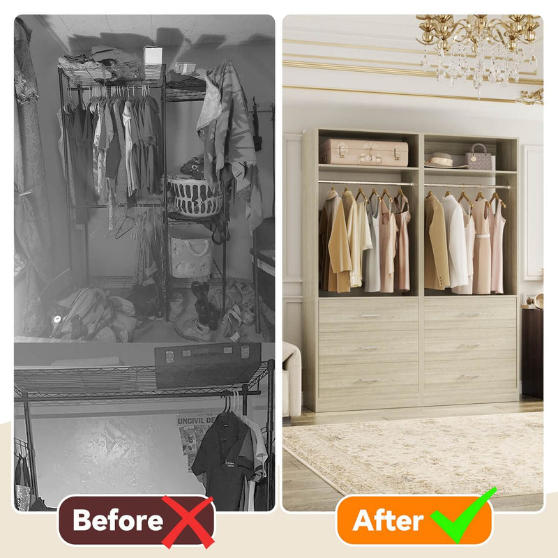 4FT Walk in Closet Organizer System with 4 Drawers and 2 Hanging Rods