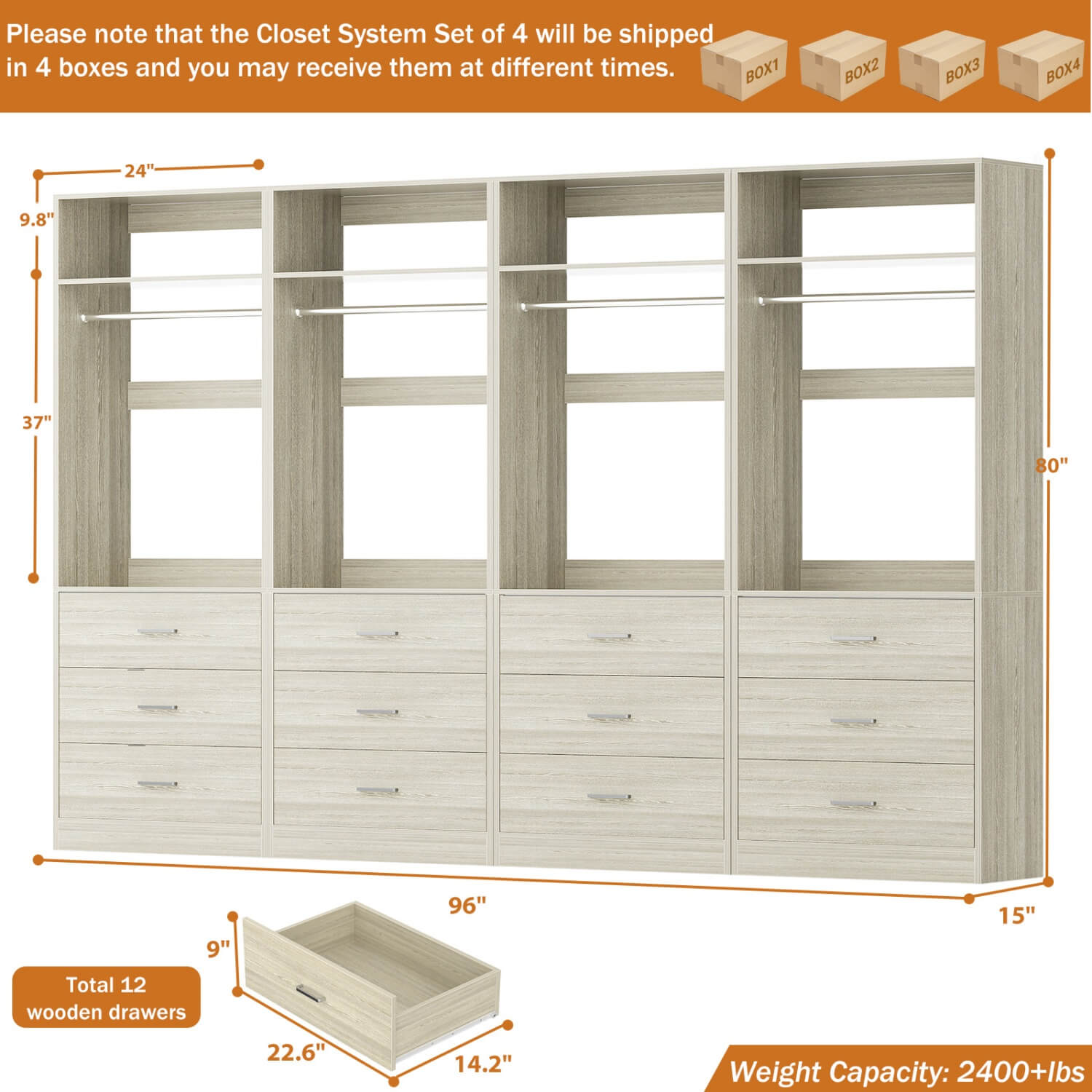 Aheaplus 8FT Walk-in Closet System with 12 Drawers