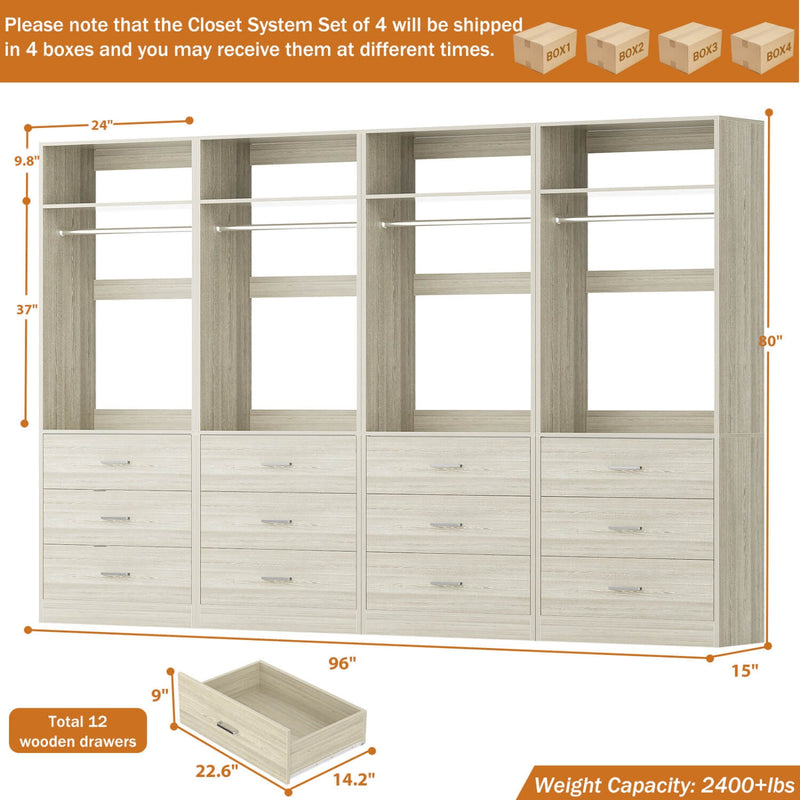 8FT Walk-in Closet System with 12 Drawers