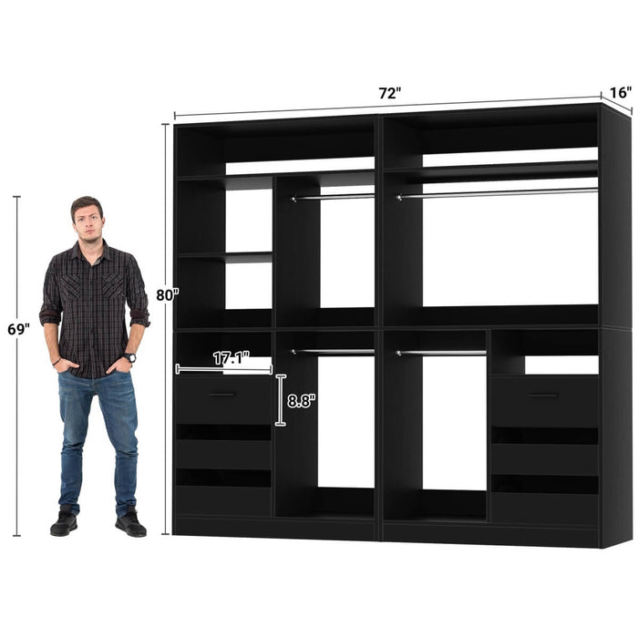 72 Inch Closet System With 6 Drawers And 4 Rods