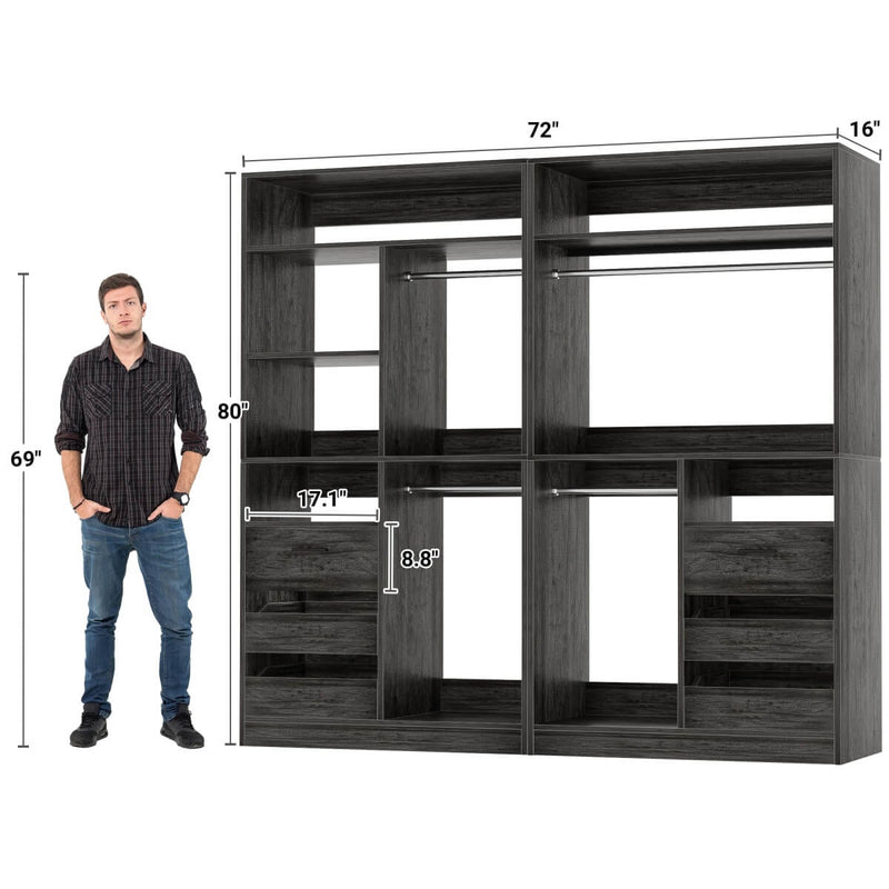 72 Inch Closet System With 6 Drawers And 4 Rods