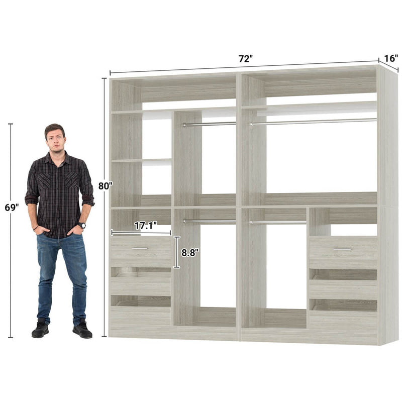 72 Inch Closet System With 6 Drawers And 4 Rods