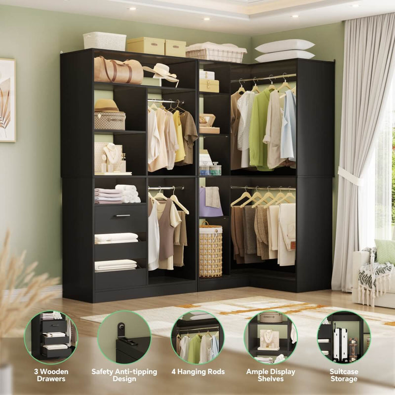 72 Inch Walk In Closet System with 3 Drawers and 4 Rods