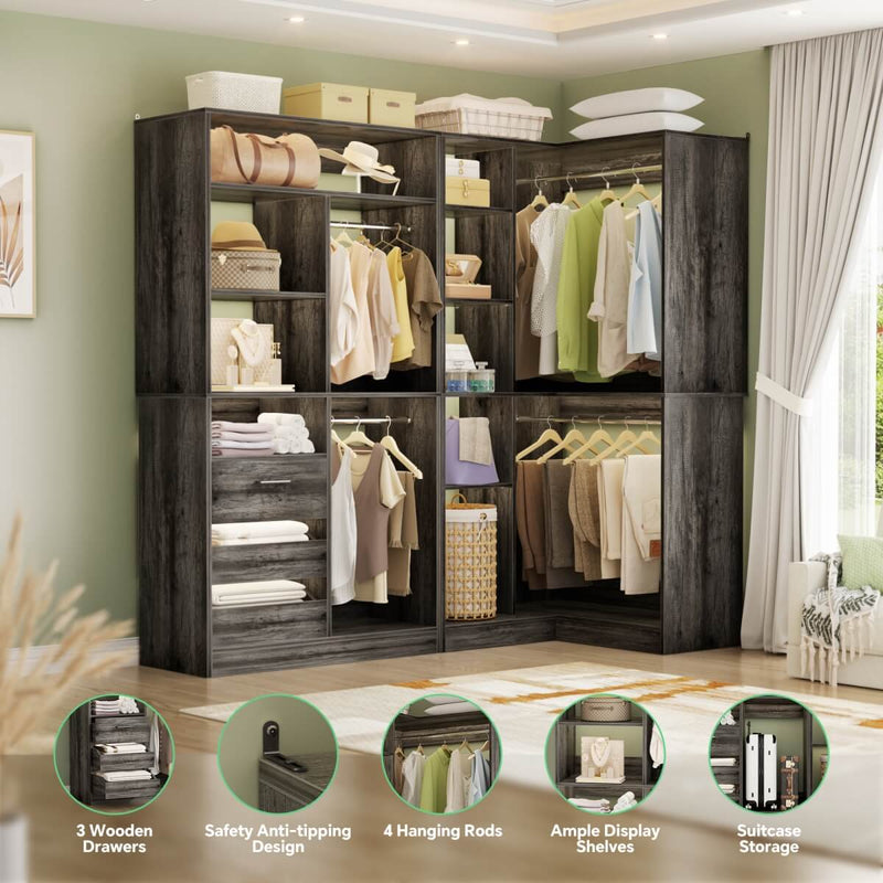 72 Inch Walk In Closet System with 3 Drawers and 4 Rods