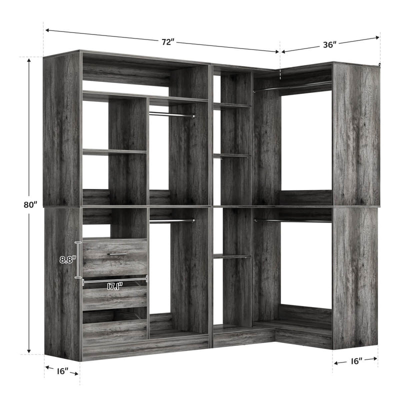 72 Inch Walk In Closet System with 3 Drawers and 4 Rods