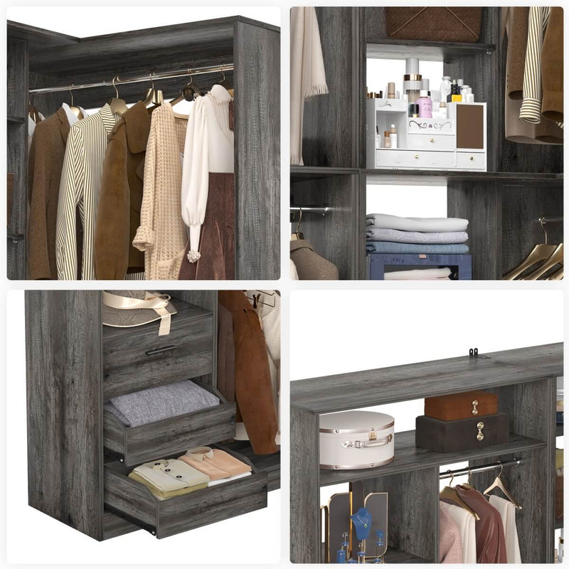 72 Inch Walk In Closet System with 3 Drawers and 4 Rods