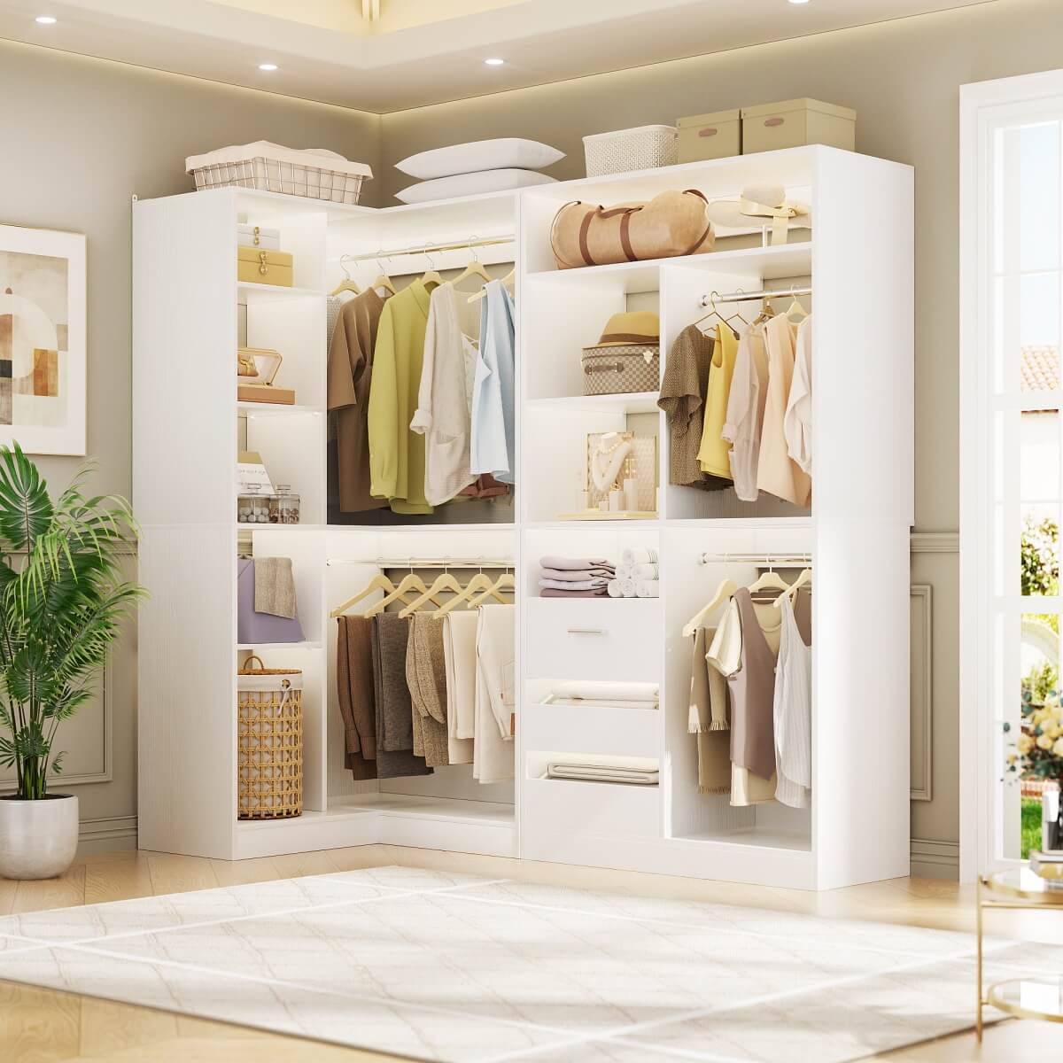 Aheaplus 72 Inch Walk In Closet System with 3 Drawers and 4 Rods