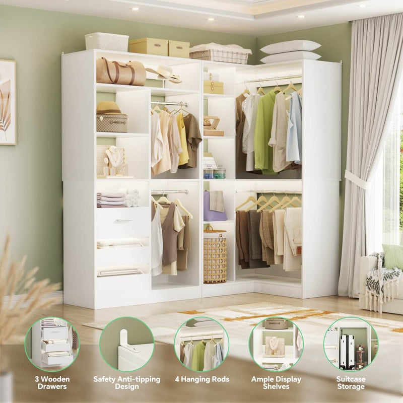 72 Inch Walk In Closet System with 3 Drawers and 4 Rods