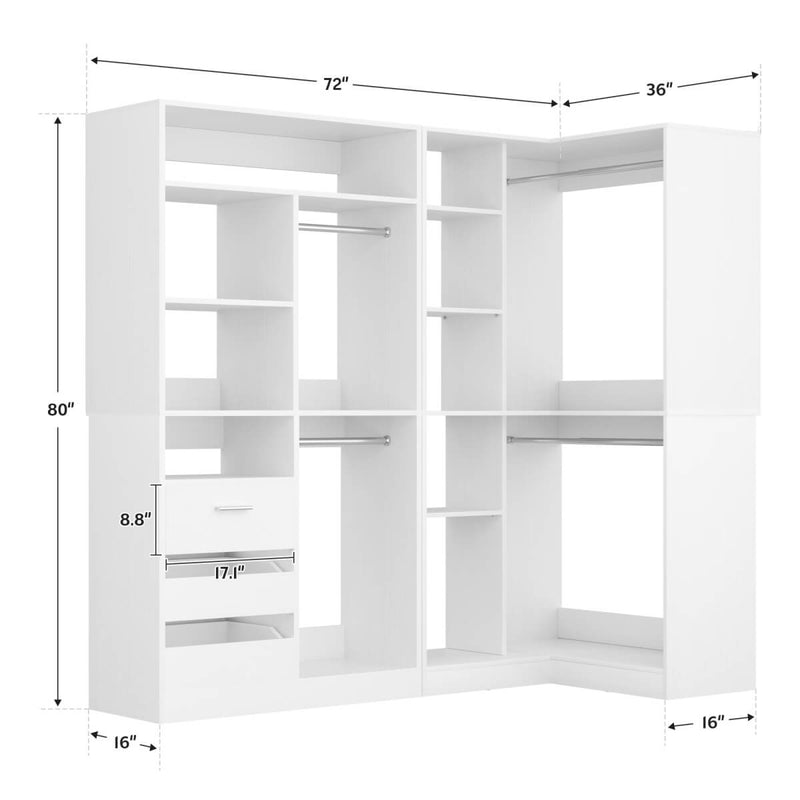 72 Inch Walk In Closet System with 3 Drawers and 4 Rods