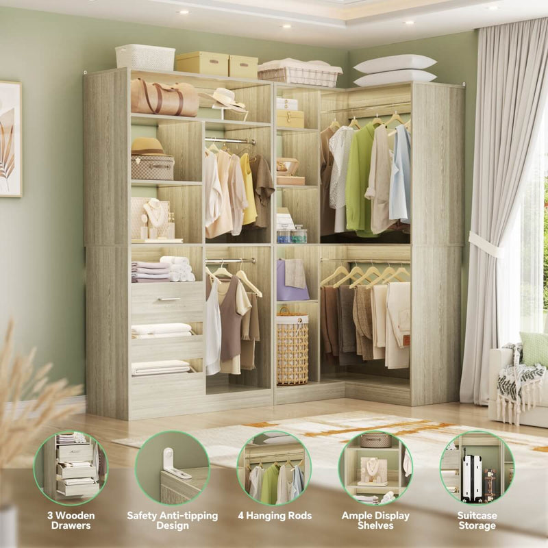 Aheaplus 72 Inch Walk In Closet System with 3 Drawers and 4 Rods