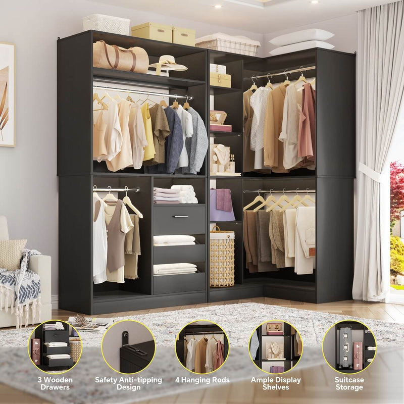 Aheaplus 72" Closet System With 3 Drawers, 3 Long Rods And 1 Short Rod