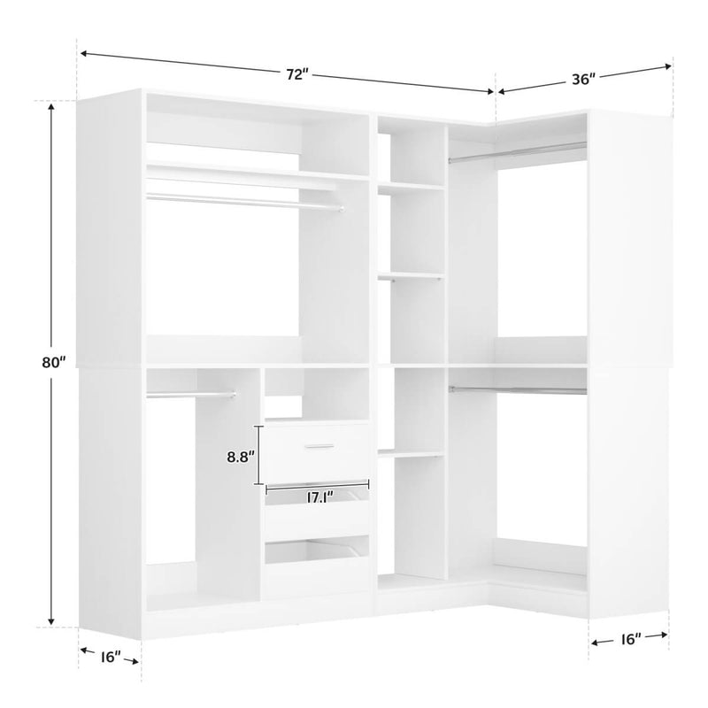 72" Closet System With 3 Drawers, 3 Long Rods And 1 Short Rod