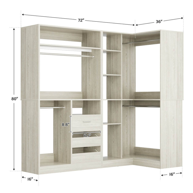 72" Closet System With 3 Drawers, 3 Long Rods And 1 Short Rod