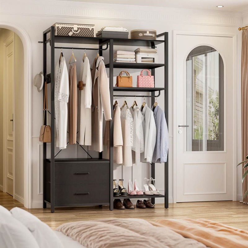 78.7'' Clothes Rack for Hanging Clothes, with 2 Drawers, Shoe Racks, and Storage Shelves