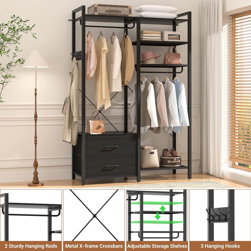 78.7'' Clothes Rack for Hanging Clothes, with 2 Drawers, Shoe Racks, and Storage Shelves