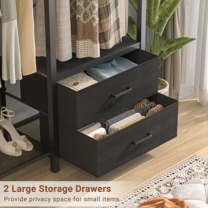 78.7'' Clothes Rack for Hanging Clothes, with 2 Drawers, Shoe Racks, and Storage Shelves