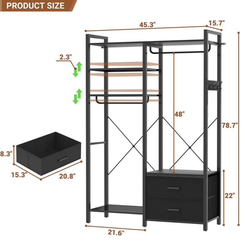 78.7'' Clothes Rack for Hanging Clothes, with 2 Drawers, Shoe Racks, and Storage Shelves