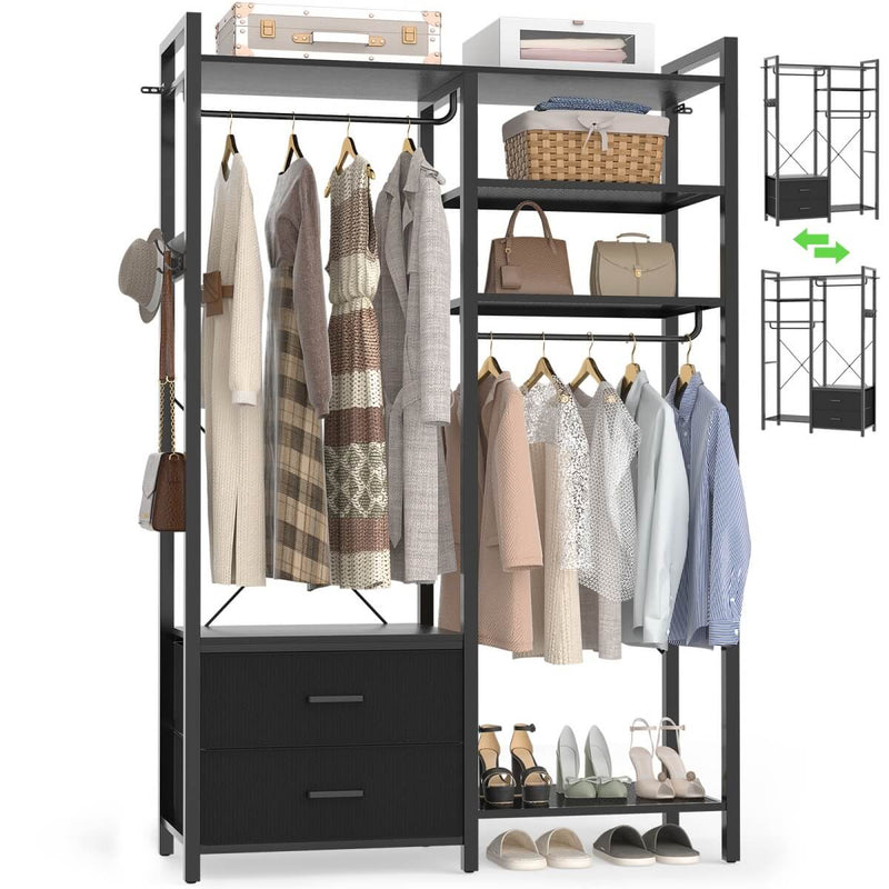 78.7'' Clothes Rack for Hanging Clothes, with 2 Drawers, Shoe Racks, and Storage Shelves