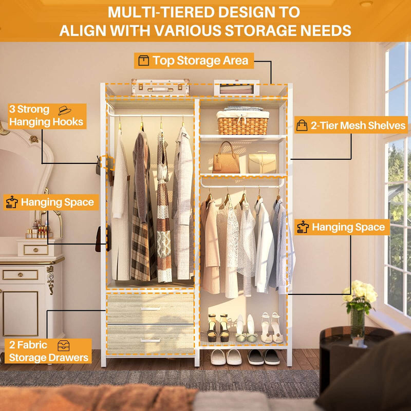 78.7'' Clothes Rack for Hanging Clothes, with 2 Drawers, Shoe Racks, and Storage Shelves