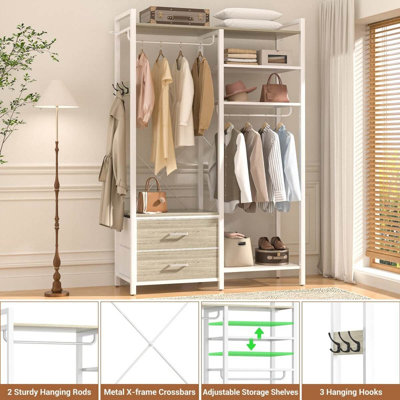 78.7'' Clothes Rack for Hanging Clothes, with 2 Drawers, Shoe Racks, and Storage Shelves