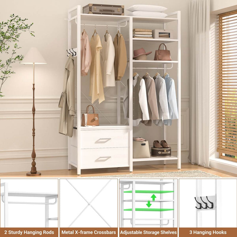 78.7'' Clothes Rack for Hanging Clothes, with 2 Drawers, Shoe Racks, and Storage Shelves