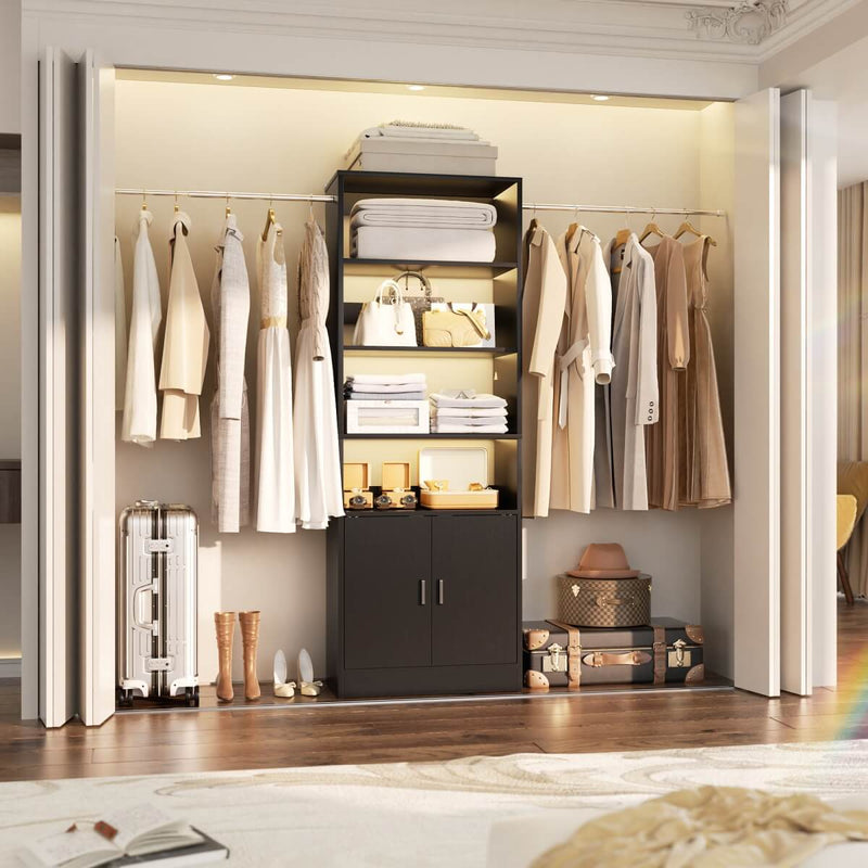 96 Inch Walk in Closet System with Hanging Rods and Storage Cabinet