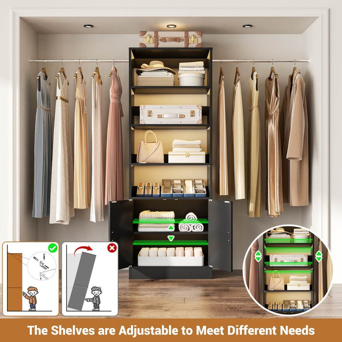 96 Inch Walk in Closet System with Hanging Rods and Storage Cabinet