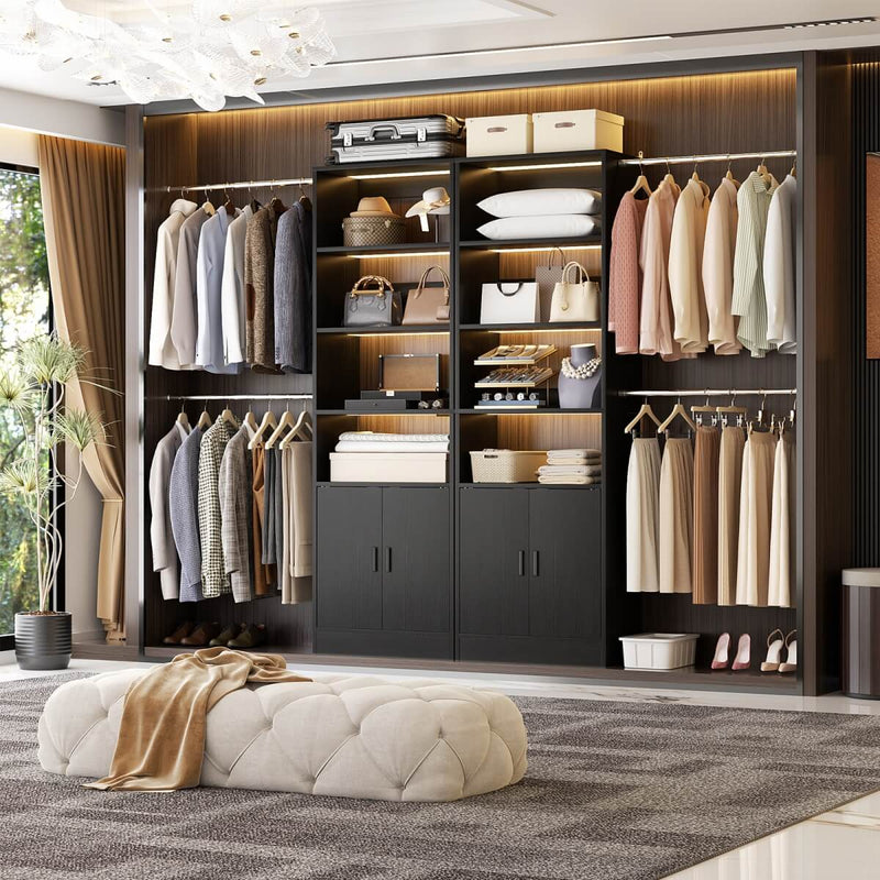 96 Inch Walk in Closet System with Hanging Rods and Storage Cabinet