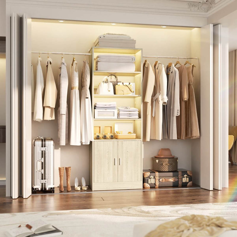 96 Inch Walk in Closet System with Hanging Rods and Storage Cabinet