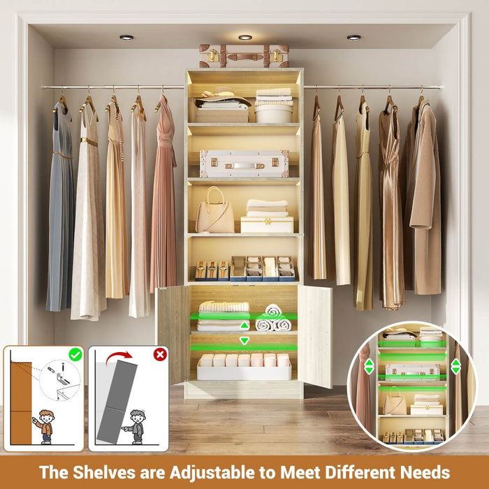 96 Inch Walk in Closet System with Hanging Rods and Storage Cabinet