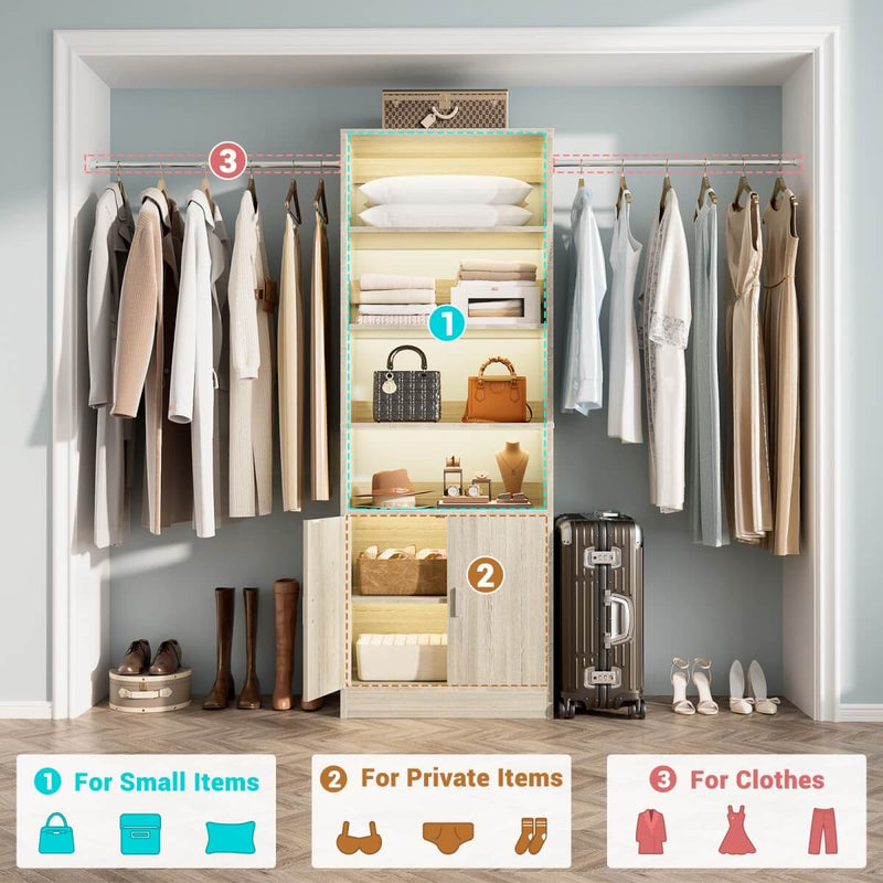 96 Inch Walk in Closet System with Hanging Rods and Storage Cabinet