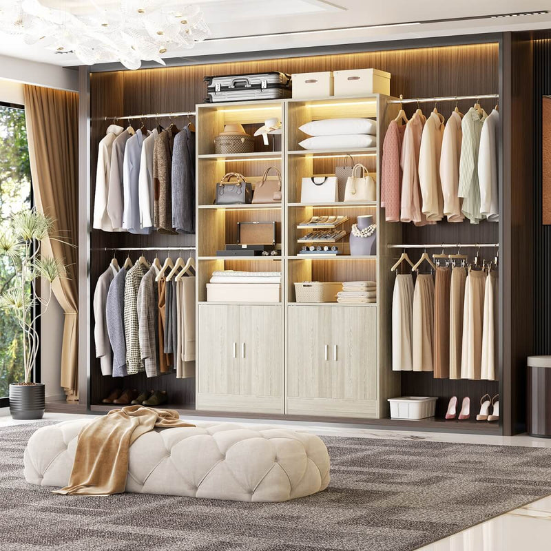 96 Inch Walk in Closet System with Hanging Rods and Storage Cabinet