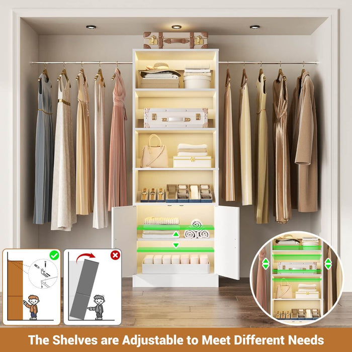 96 Inch Walk in Closet System with Hanging Rods and Storage Cabinet