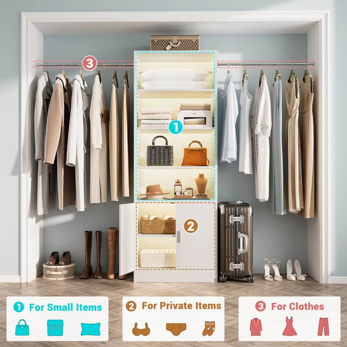 96 Inch Walk in Closet System with Hanging Rods and Storage Cabinet