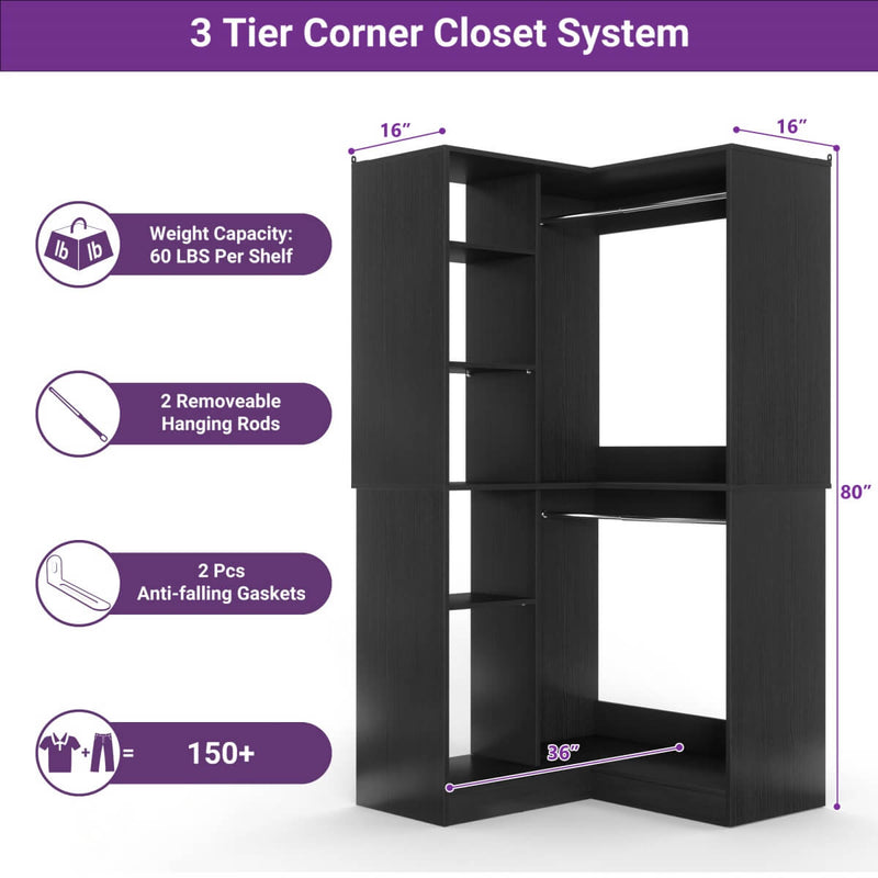 36'' Corner Closet System with 2 Hanging Rods & 5 Storage Shelves, Versatile Storage