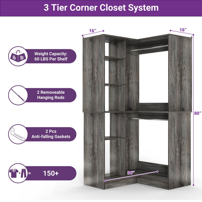 36'' Corner Closet System with 2 Hanging Rods & 5 Storage Shelves, Versatile Storage