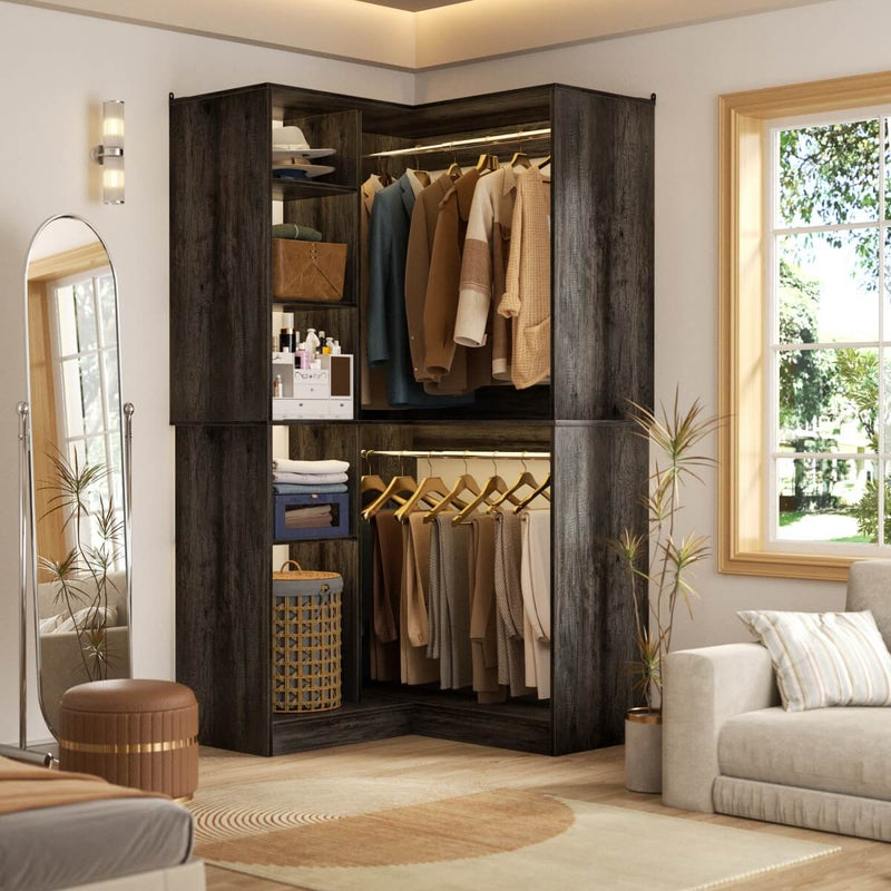 36'' Corner Closet System with 2 Hanging Rods & 5 Storage Shelves, Versatile Storage