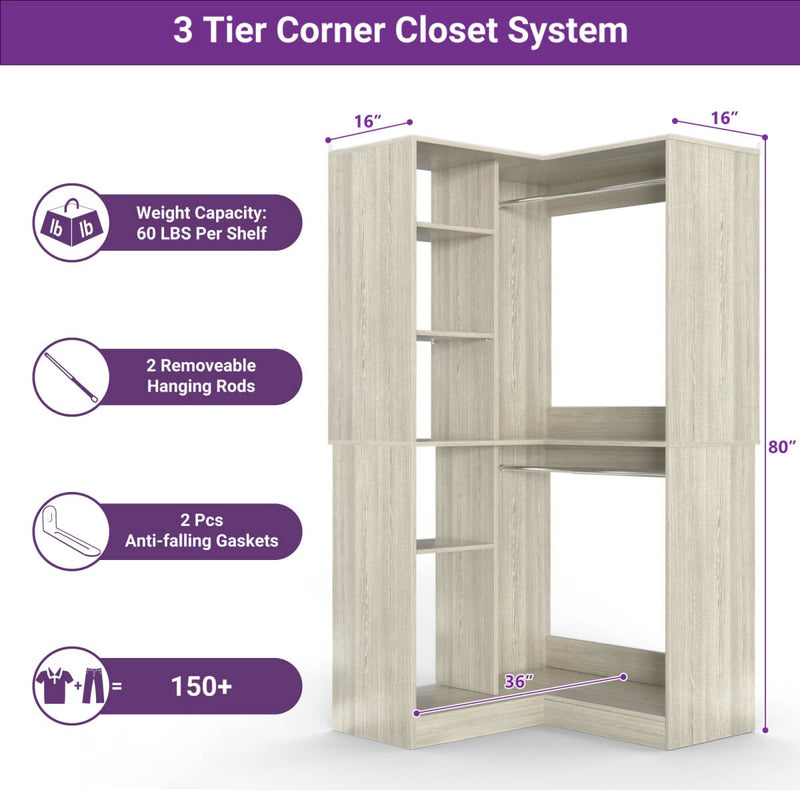 36'' Corner Closet System with 2 Hanging Rods & 5 Storage Shelves, Versatile Storage