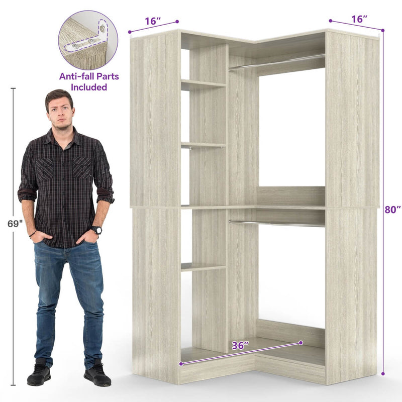 36'' Corner Closet System with 2 Hanging Rods & 5 Storage Shelves, Versatile Storage