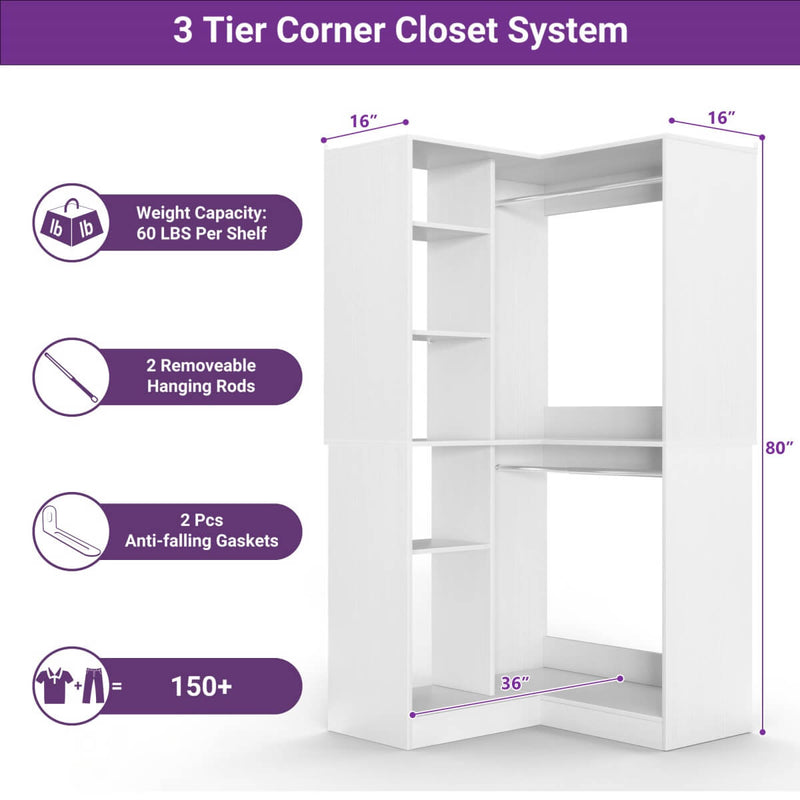36'' Corner Closet System with 2 Hanging Rods & 5 Storage Shelves, Versatile Storage