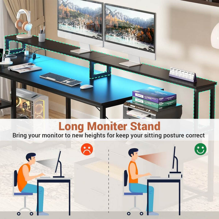 72.8'' Reversible L Shaped Desk with Outlets & LED Light, with File Drawers and Monitor Stand