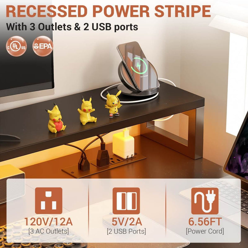 72.8'' Reversible L Shaped Desk with Outlets & LED Light, with File Drawers and Monitor Stand