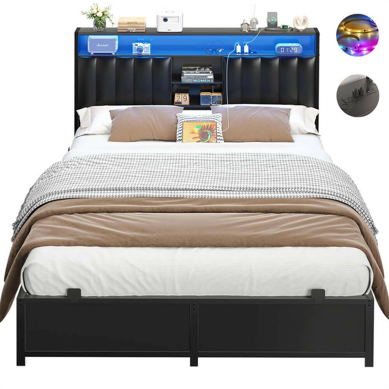 Full Size Bed Frame with Power Outlets & LED Lights, With Open Bookcase Storage