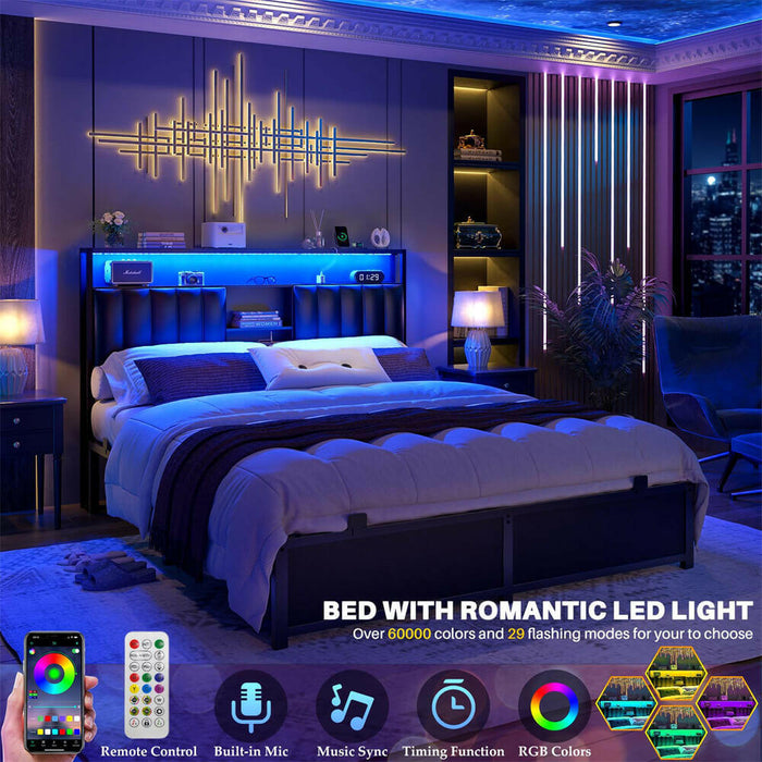 Full Size Bed Frame with Power Outlets & LED Lights, With Open Bookcase Storage