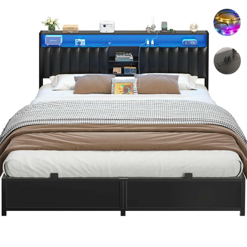 King Size Bed Frame with Power Outlets & LED Lights, With Open Bookcase Storage