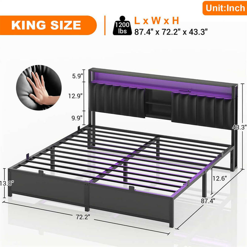 King Size Bed Frame with Power Outlets & LED Lights, With Open Bookcase Storage